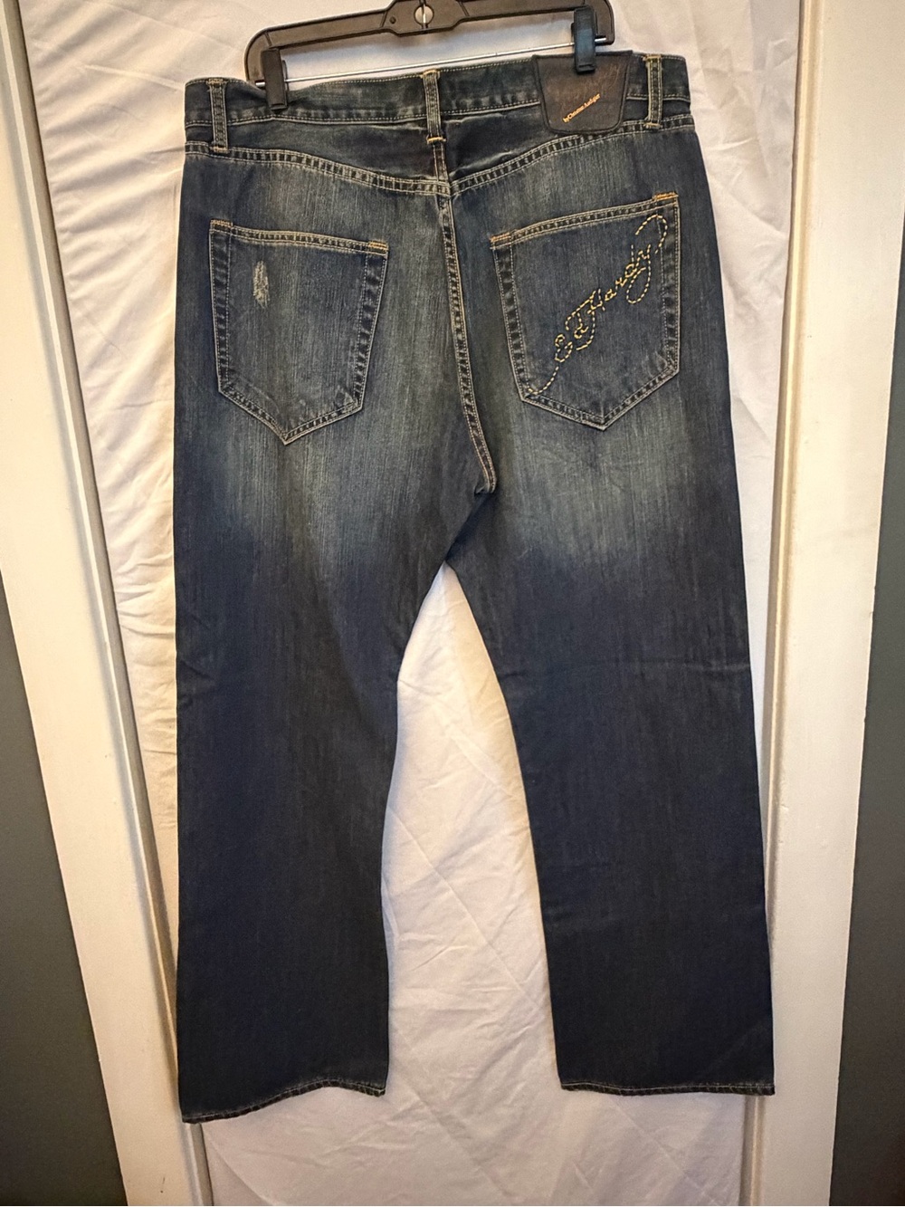 Ed Hardy Men Straight Dark Blue Denim Jeans with Embroidered Back Pocket 38